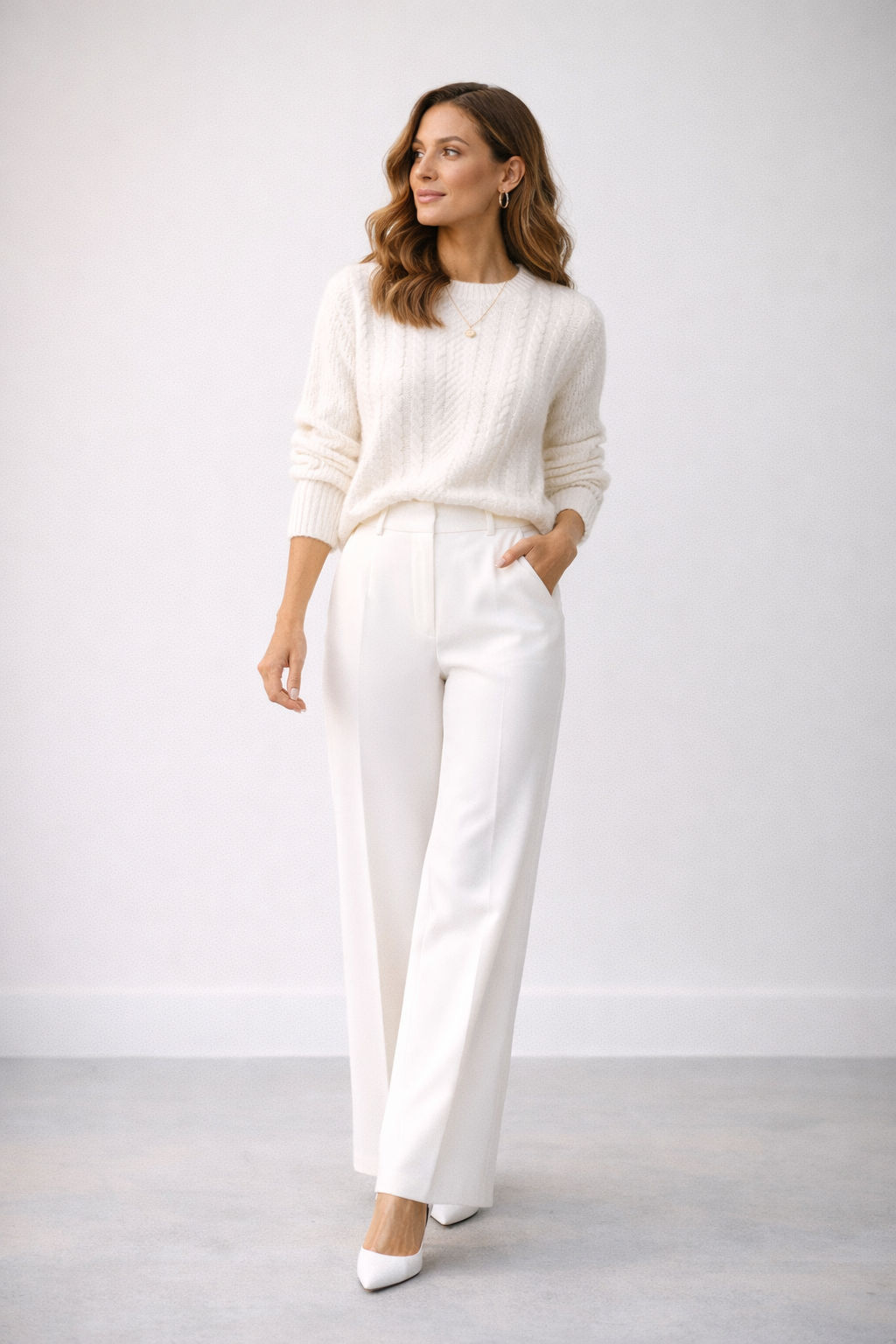 White sweater styled with high-waisted wide-leg trousers.