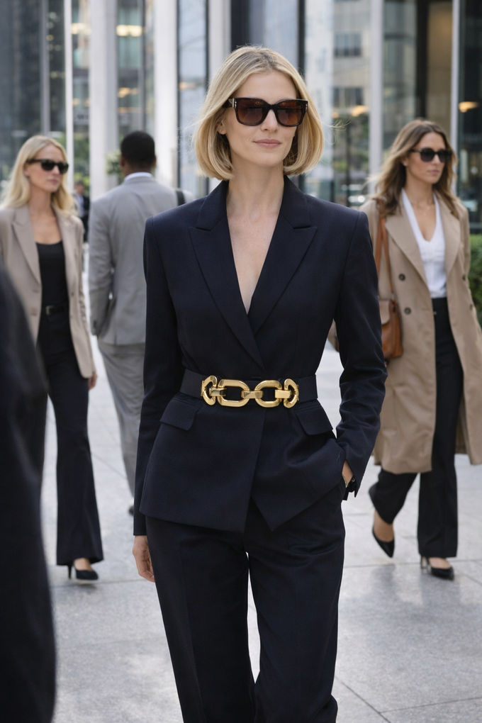 Stylish woman wearing a belted blazer suit in a city environment, pairing wide-leg trousers with a cinched waist for a bold back-to-office outfit.