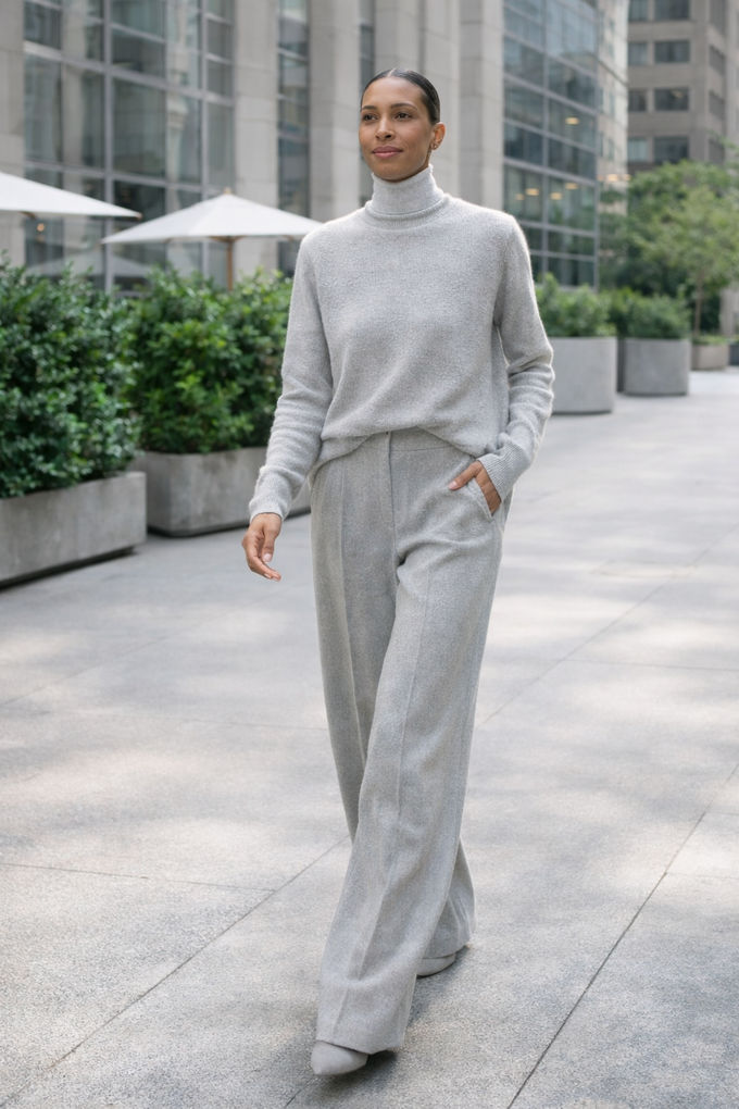 Woman dressed in wide-leg trousers and a cozy dark-toned sweater, standing in an office lounge, blending comfort and structure for workwear.