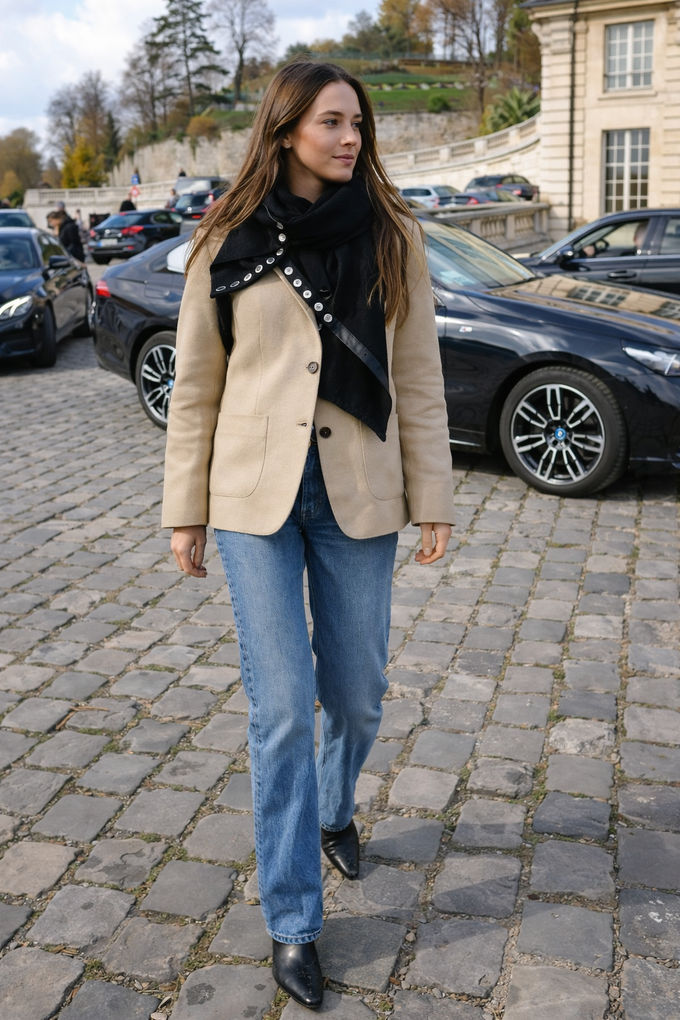 Woman in a beige blazer and straight-leg jeans layered with a black scarf, walking outdoors on cobblestones in a polished casual work outfit.