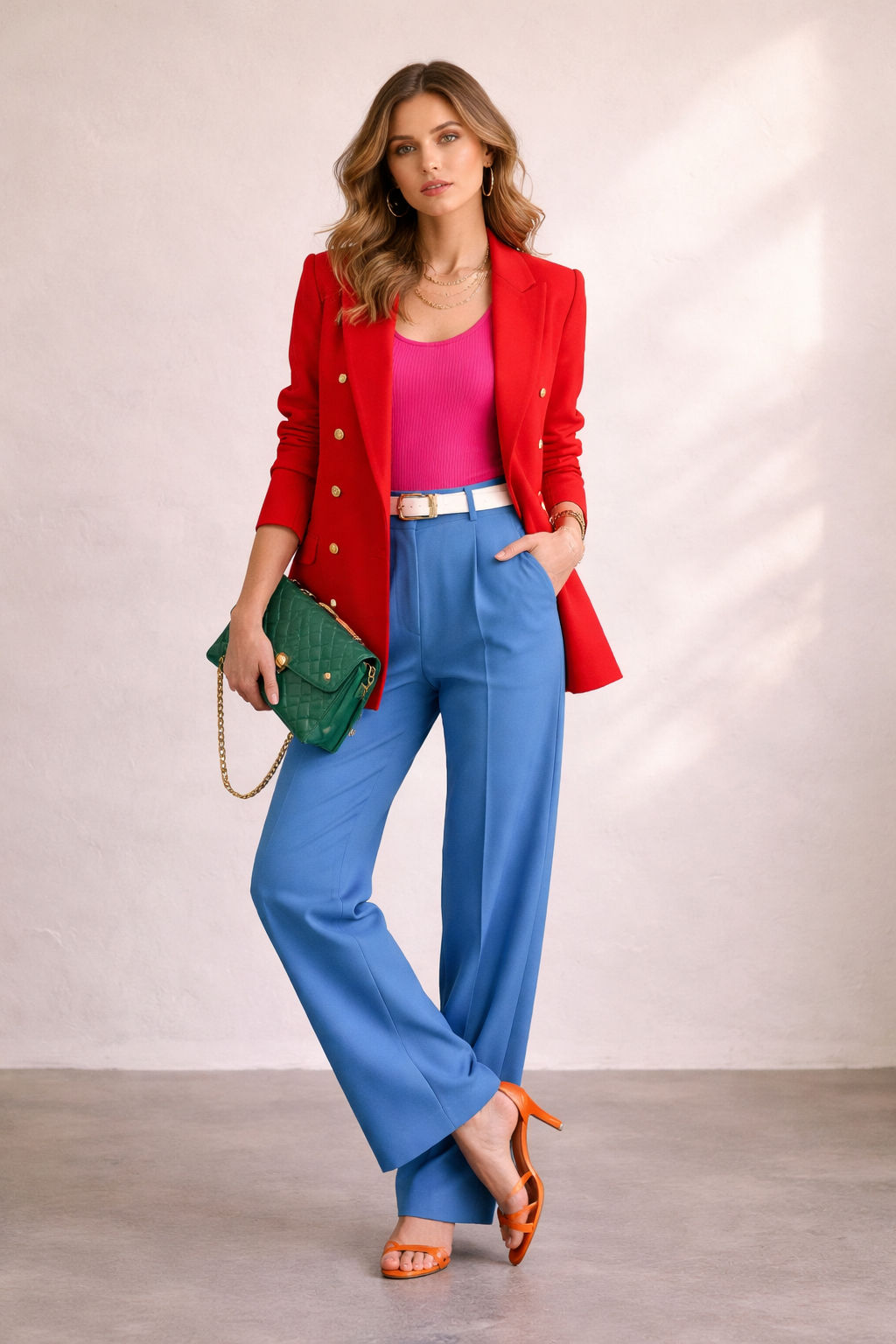Vibrant colorful outfit featuring reds, blues, and greens.