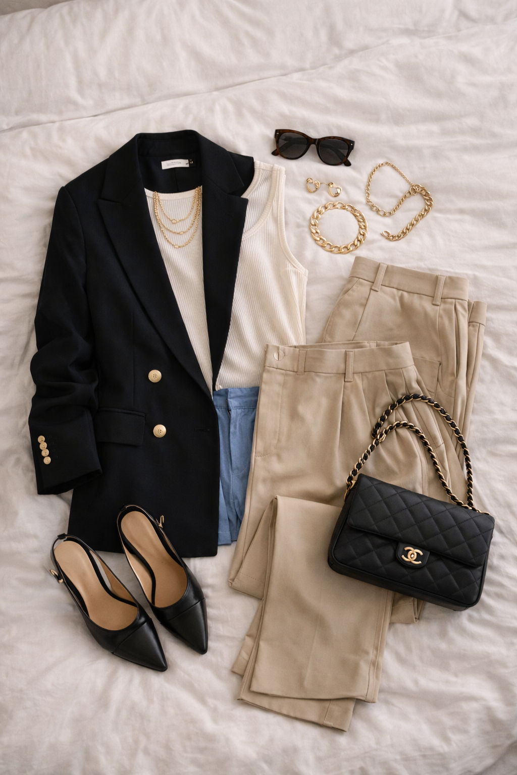 Flatlay showing a curated outfit laid out on a bed.