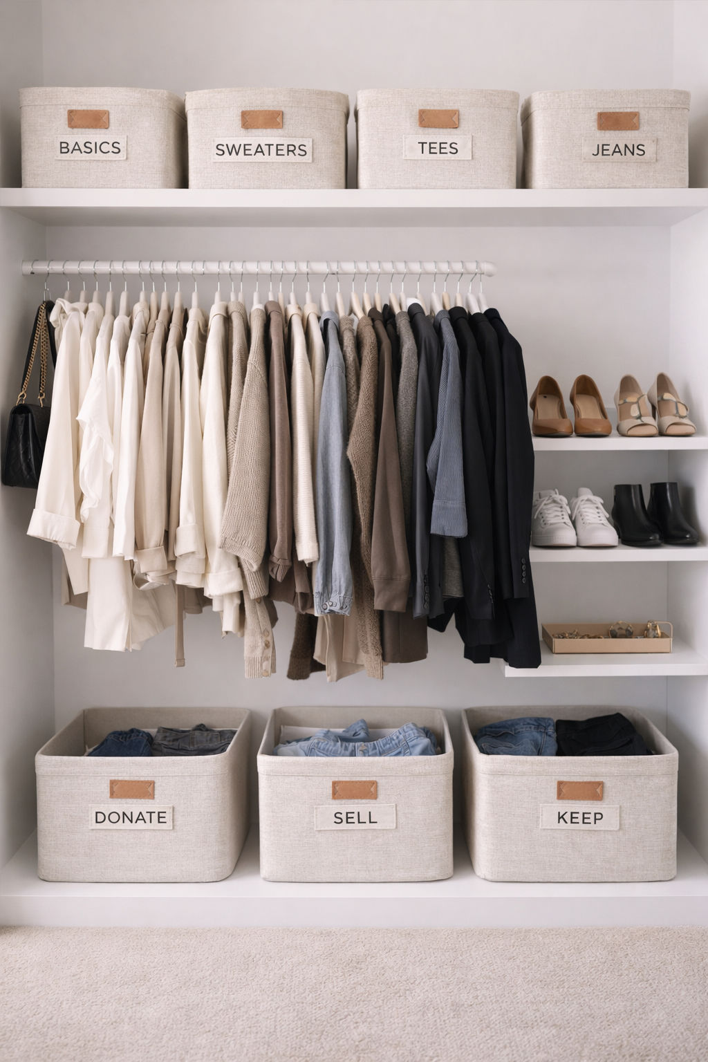 Minimalist wardrobe closet with organized and labeled clothes.