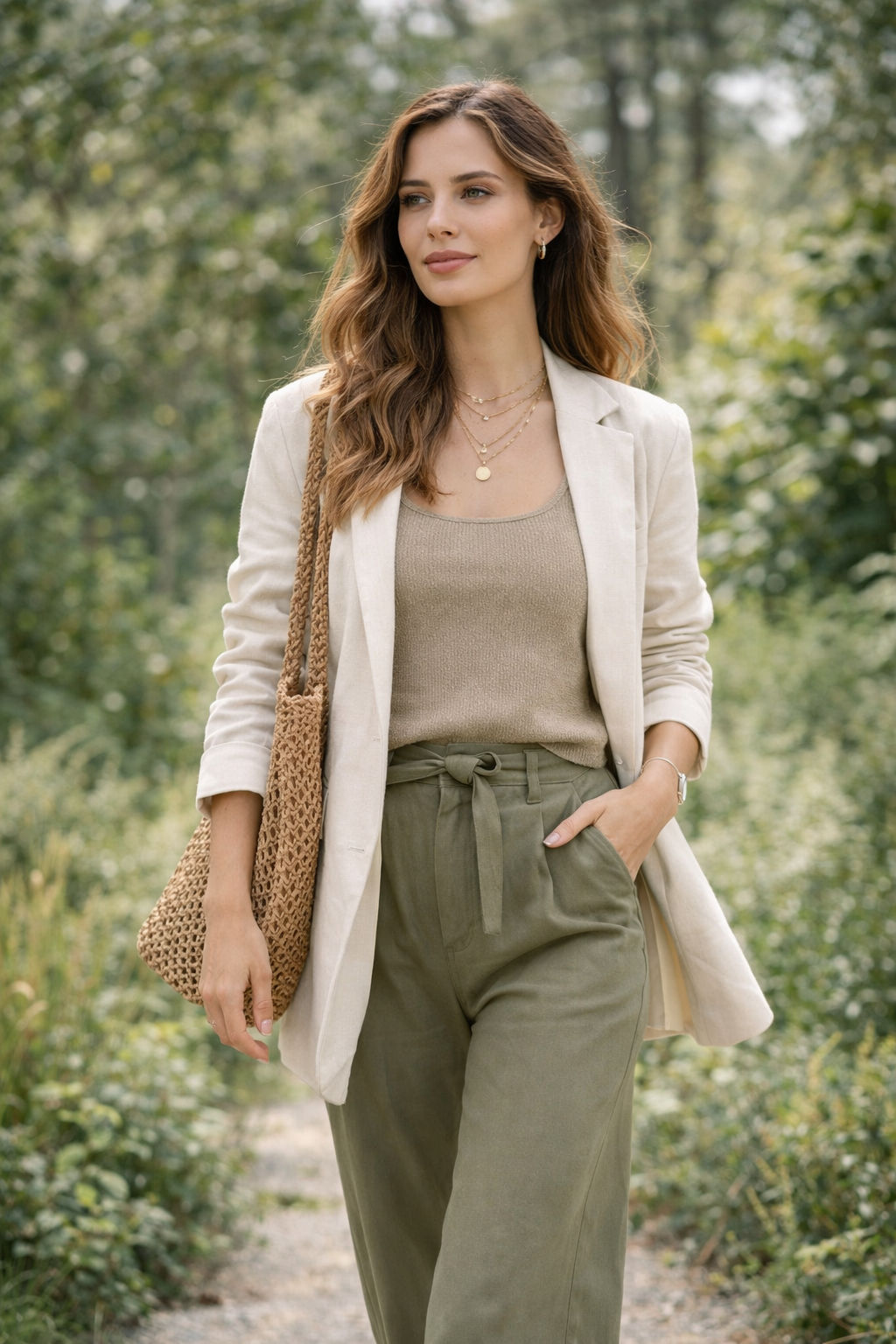Model wearing eco‑friendly sustainable fashion in nature.