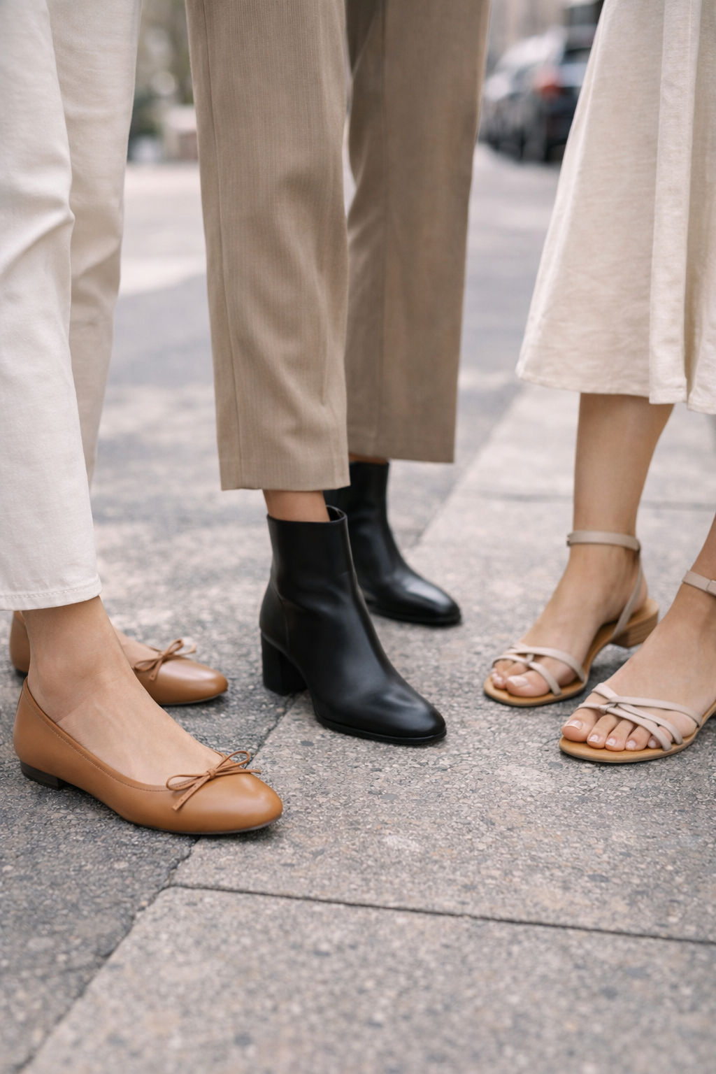 Editorial shoe rack featuring seasonal shoe variety with model feet.