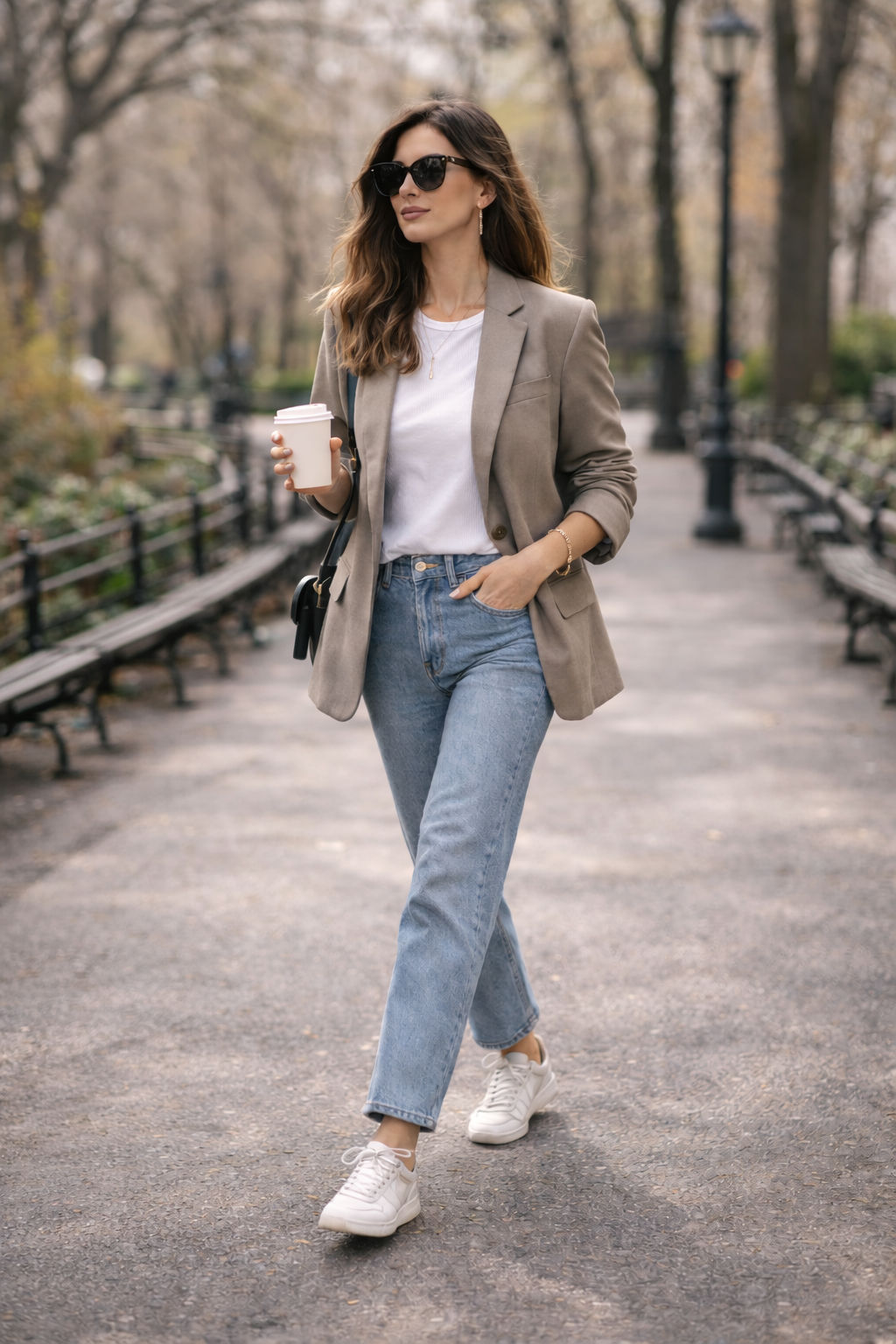 Stylish relaxed mom outfit with blazer and sneakers outdoors.