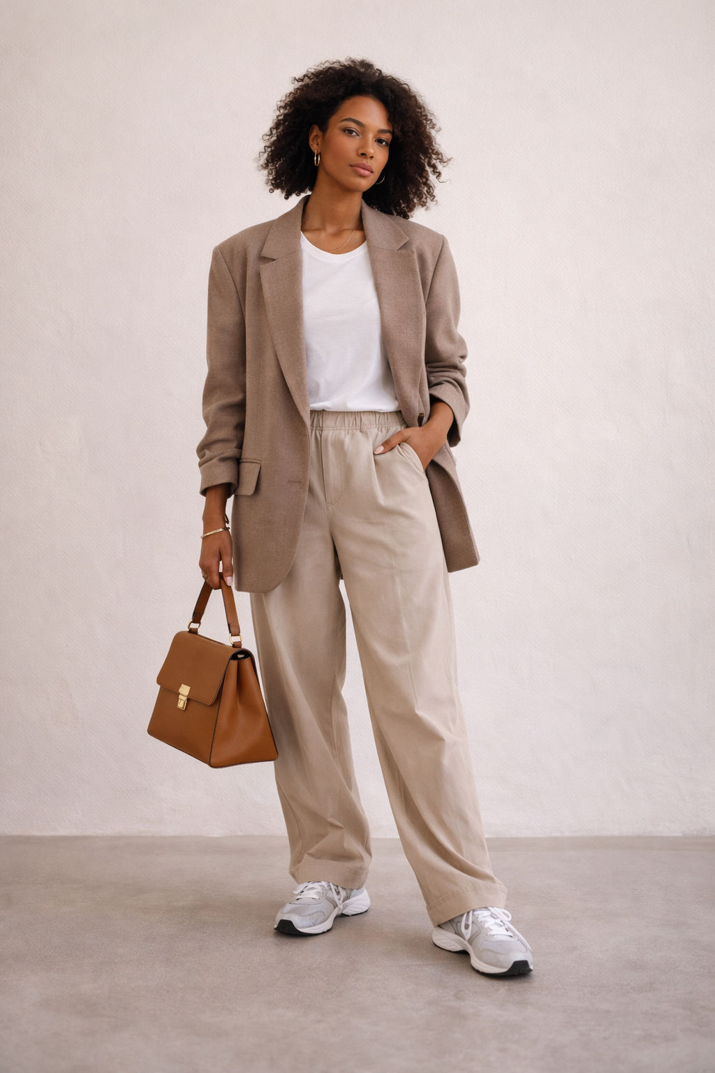 Model in oversized blazer, loose pants, and comfortable sneakers.
