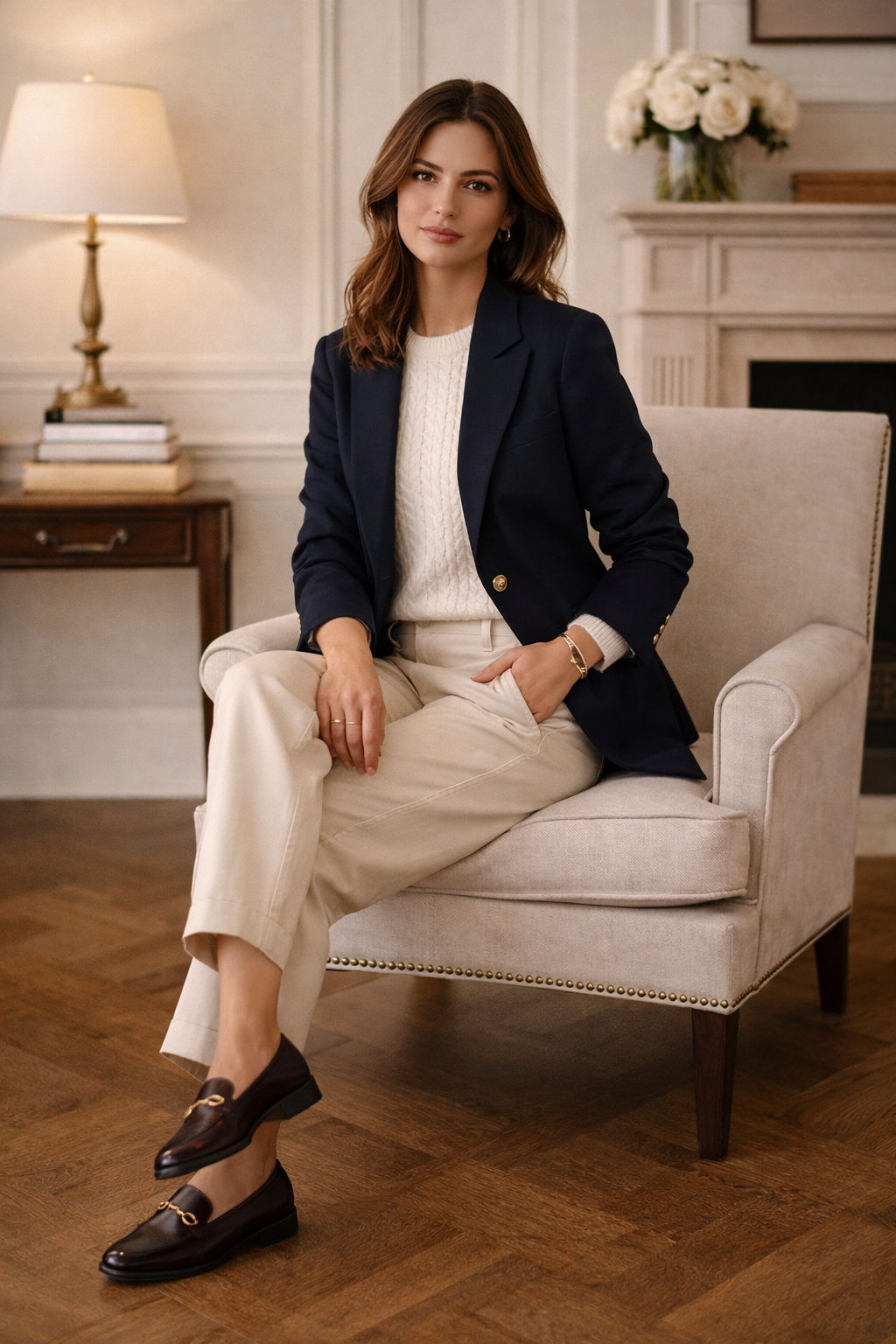 Classic preppy fashion look with cashmere sweater and chinos.