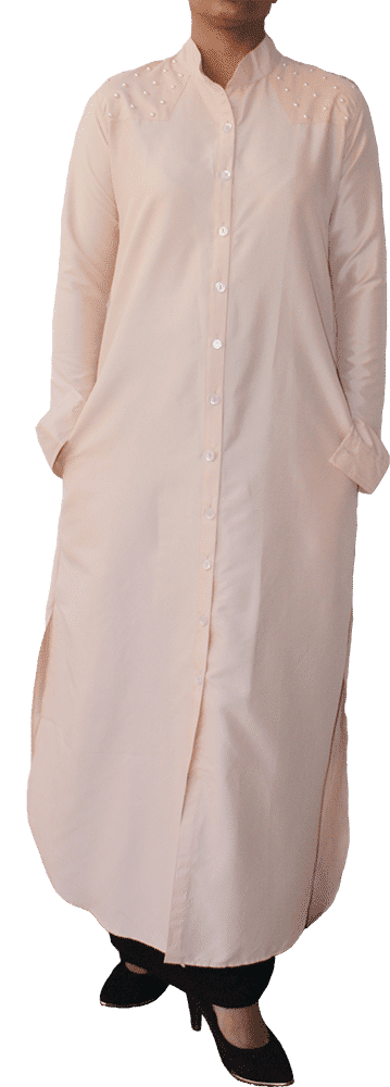 Beautiful plain crepe kaftan abaya with pearl embellishments on shoulder