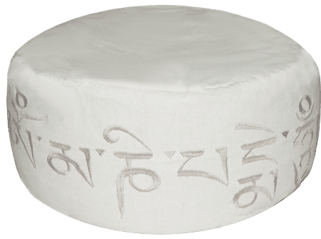 Embroidered white round zafu with sacred mantra