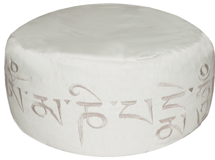 Embroidered white round zafu with sacred mantra