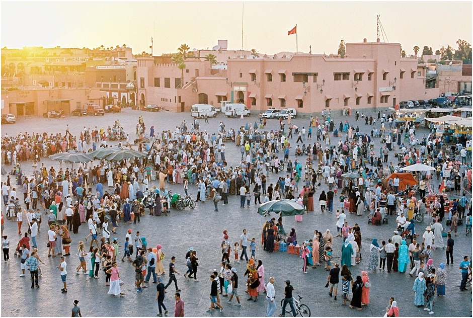 Jemaa el Fna at sunset as the market starts to get busier in Marrakesh