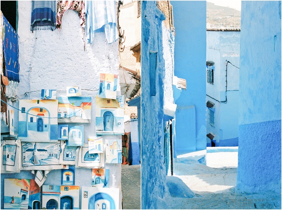The blue city of Chefchaouen. Diptych of artwort and streets