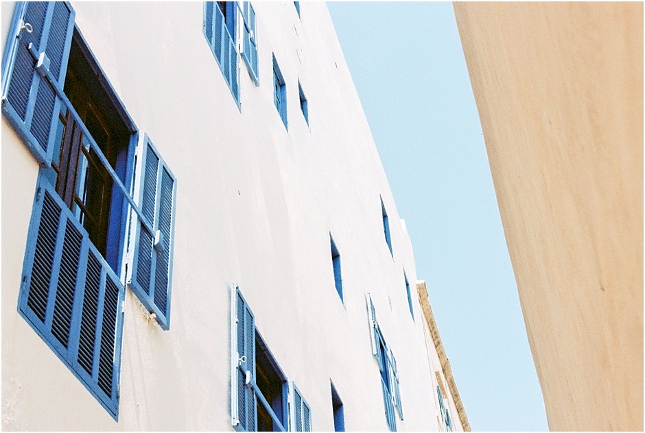 Building of Essaouira with blue shutters