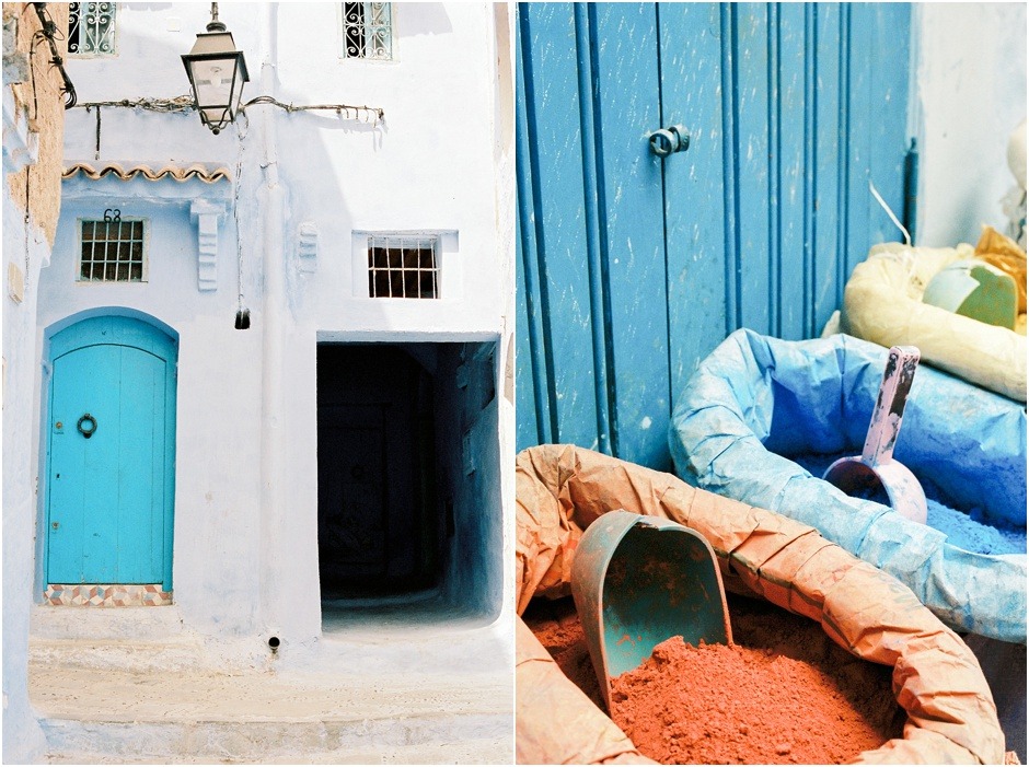 Chefchaouen the Blue City. Diptych of colouful powder and houses