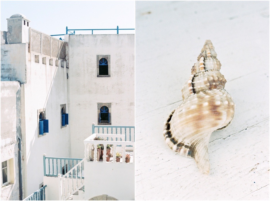 Diptych in Essaouira of seashell and white and blue Riad