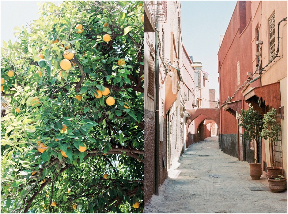Diptych of orange trees and empty streets in Marrakesh, Morocco