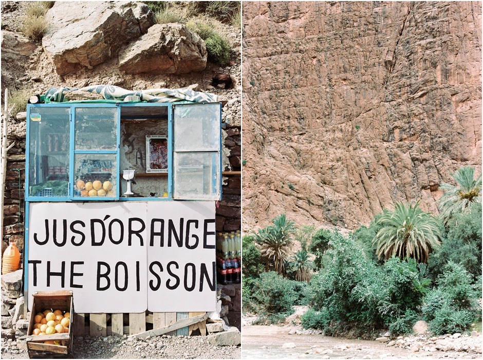 Atlas mountains diytych of small organse juice shack and palm trees