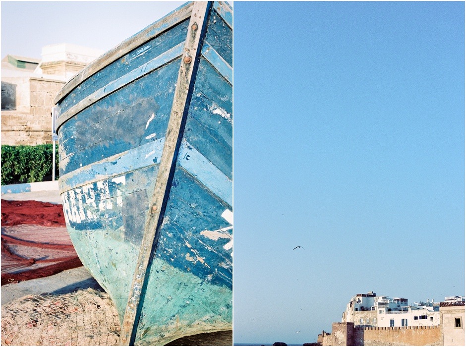 Diptych of Essaouira old city walls and the details of a traditional fishing boat