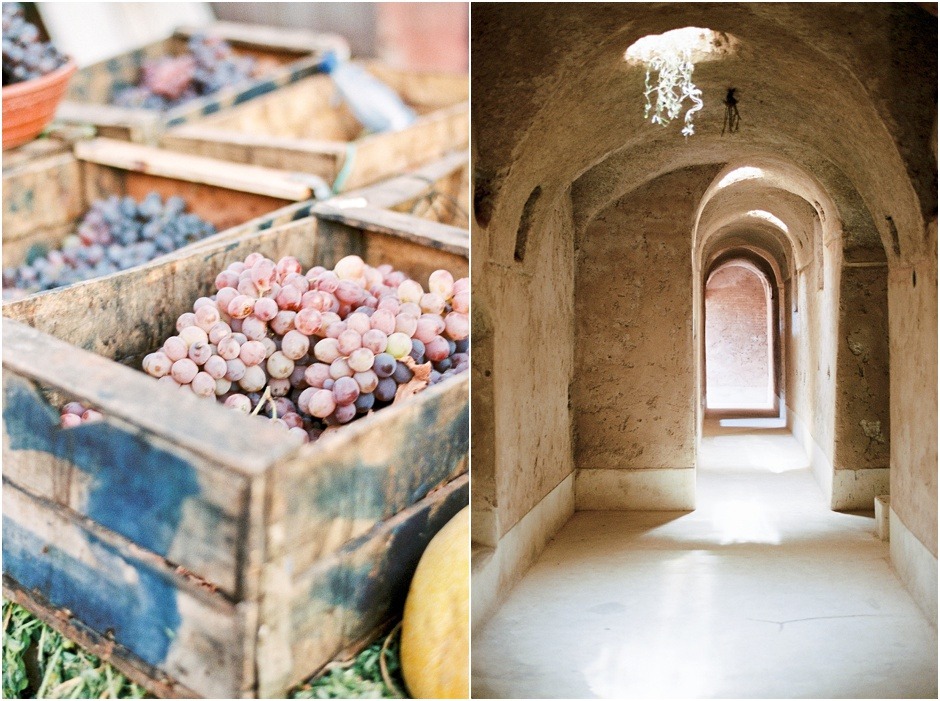 Diptych of grapes sold on the streets of Marrakesh and El Badi Palace basement