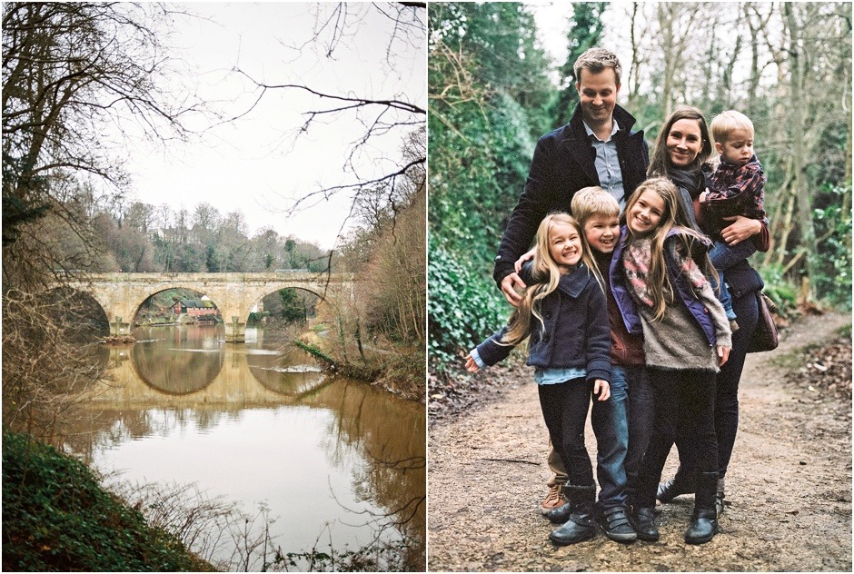 Durham Winter Lifestyle Family Shoot by Fiona Caroline Photography. Fmaily portrait on a muddy path in the woods.