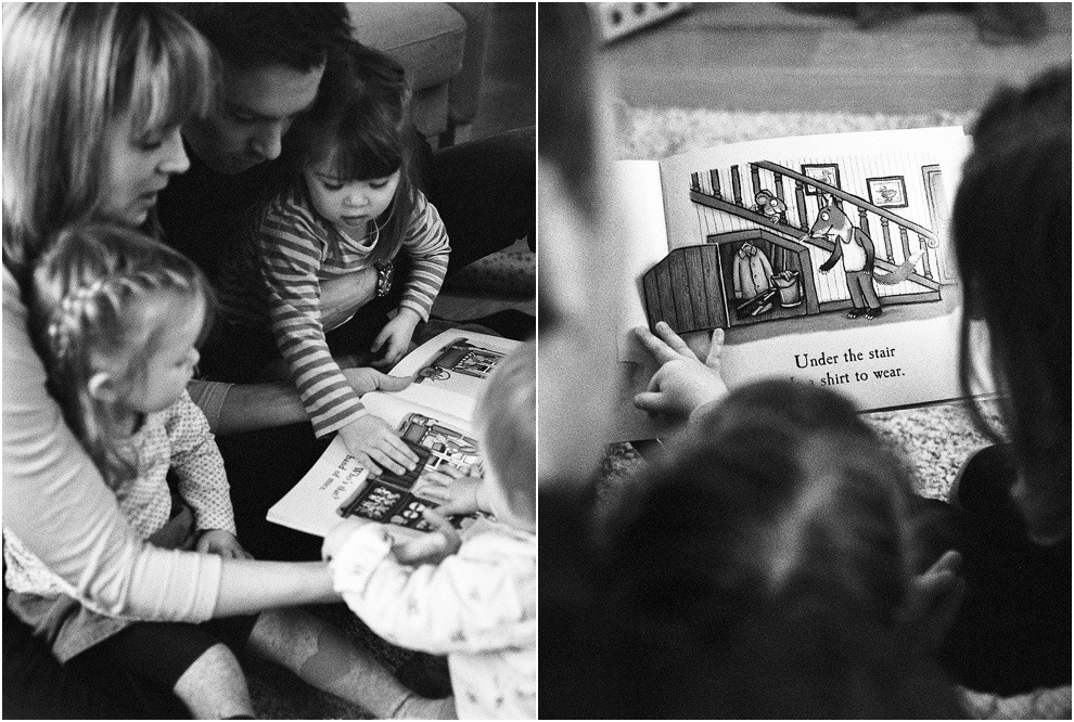 Black and while family photography, reading together