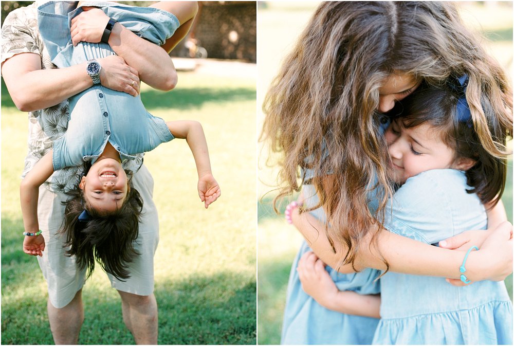 Dyptych of girl laughing as dangling uside down and sisters cuddling