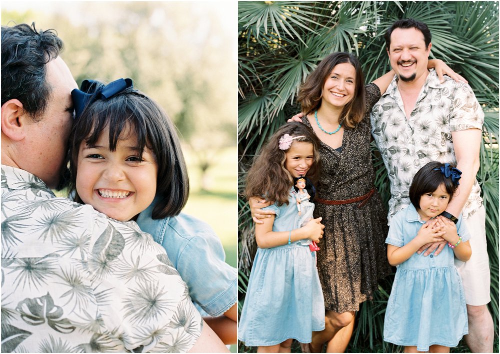 Dyptych of daughter smiling at camera and family together by a green tree