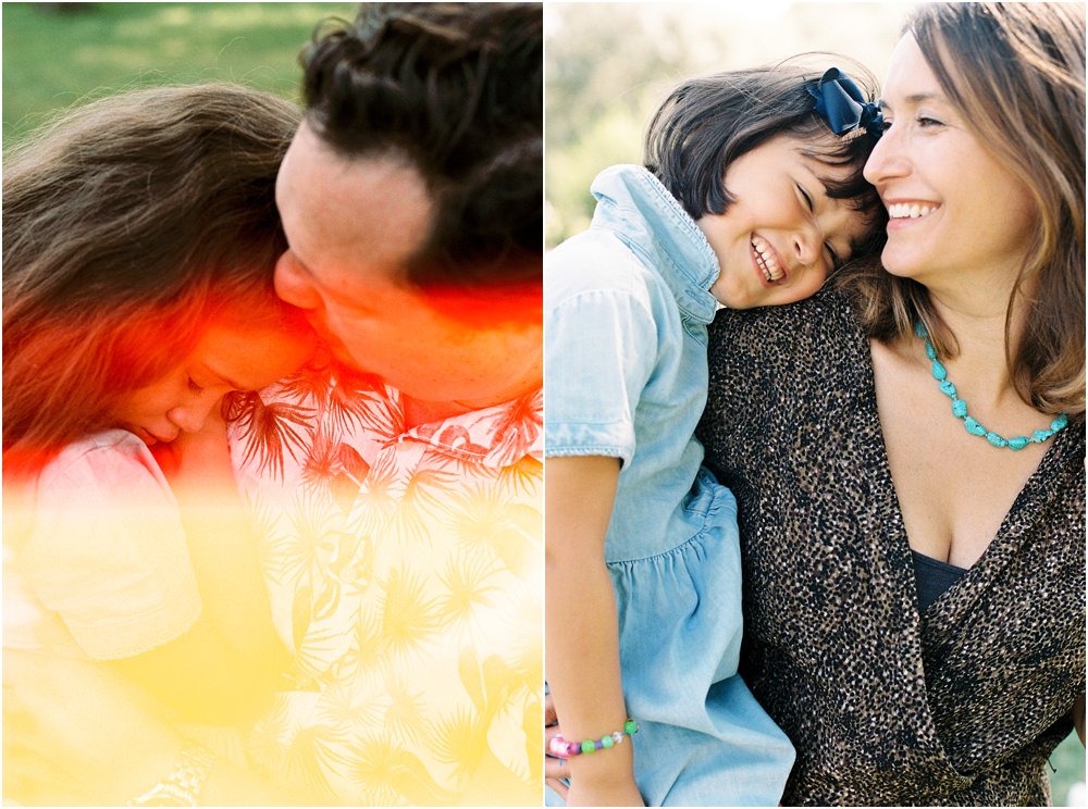 Dyptych of mother and daughter together and father and daughter wit colourful lightleak