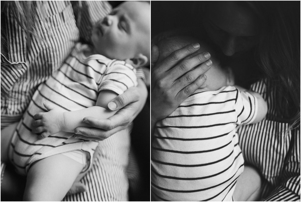 Two images, black and white of mother holding baby, close up of hands on baby arm as he sleeps, and tang on baby head.