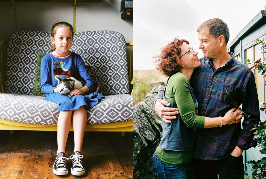 Girl with cat on sofa and couple cuddling in the garden | Colour family photography