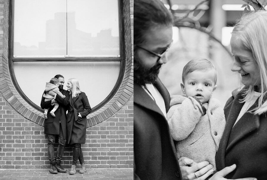 Black and white diptych of Mum & Dad and child stood in front of a big window and a close p of family together.