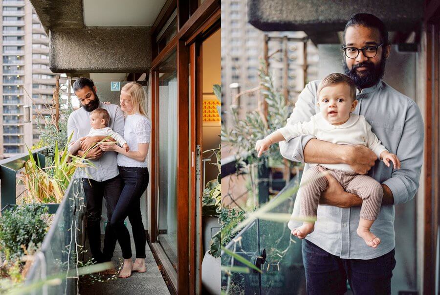 Diptych of Mum & Dad holiday baby on balcony with plants in front of brutalist building and Dad cuddling baby. 