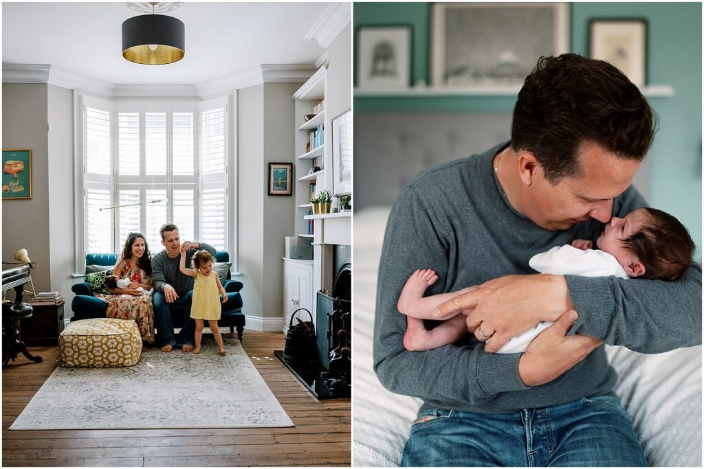 Nebworb baby cradled in dads arms. Family Photographer East London.