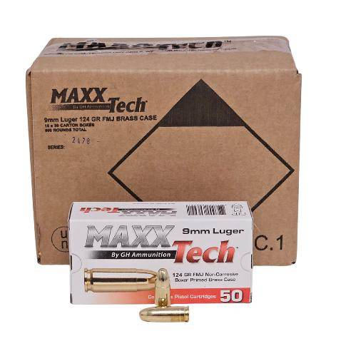 MAXXTech Handgun Ammunition 9mm Luger 124gr FMJ 1126 fps 1000/ct (20-50/ct)