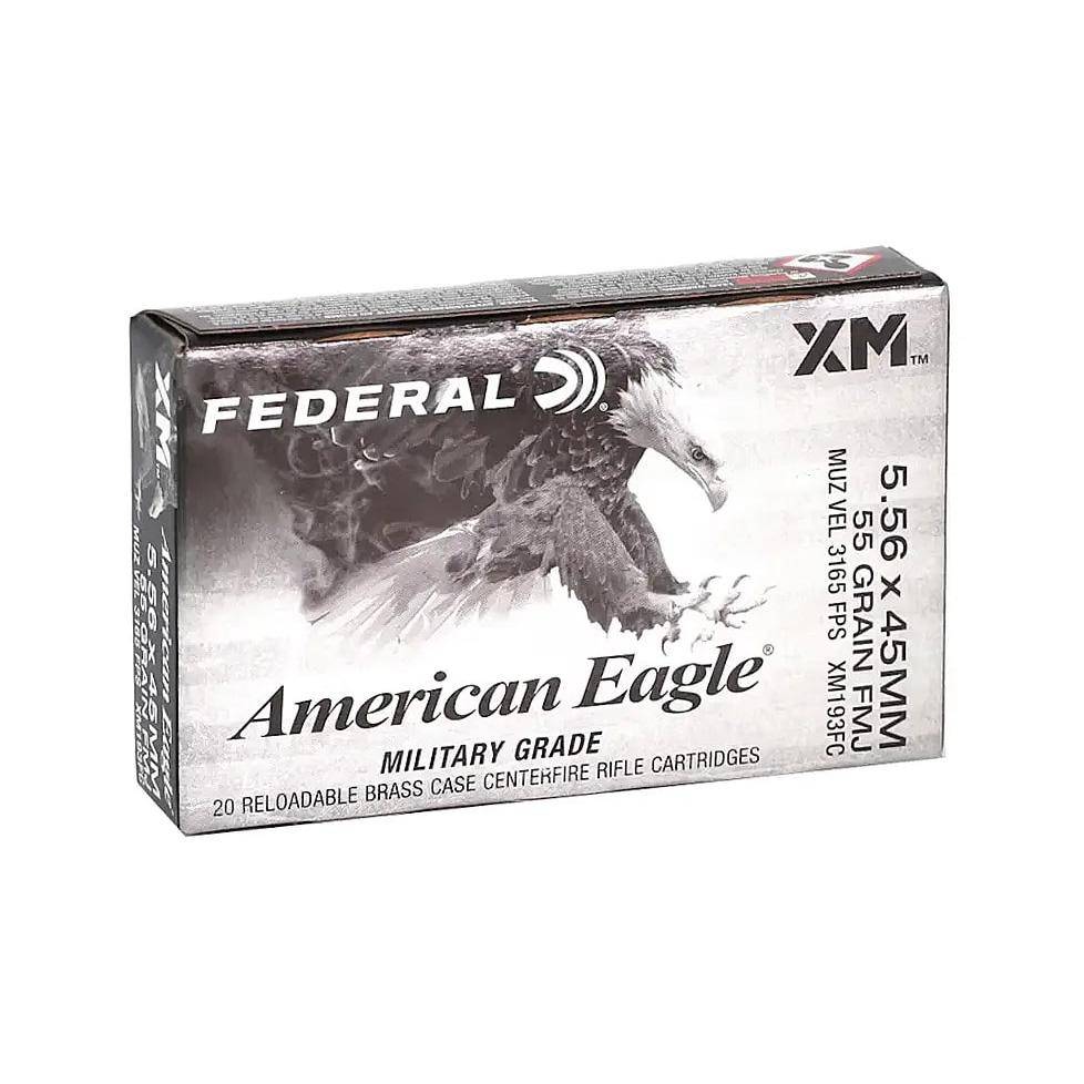 Federal American Eagle Rifle Ammunition 5.56X45 NATO 55gr FMJ 3165 fps 20/ct