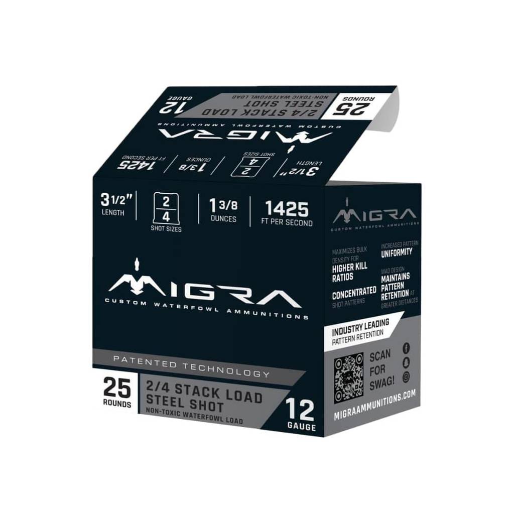 Migra Steel Waterfowl Stacked Shotshells 12ga 3.5" 1-3/8oz 1425 fps #2 & #4 25/ct