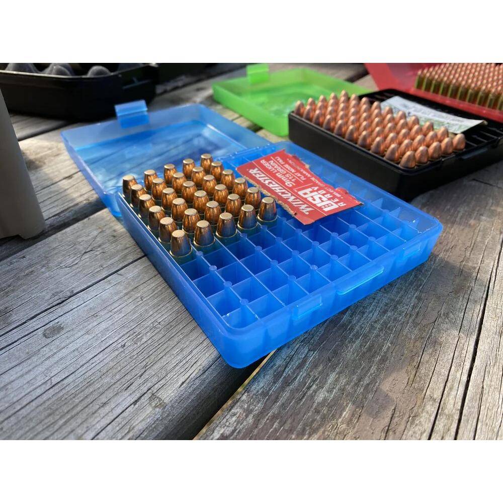MTM Flip Top Ammo Box for 9mm Luger/.380 ACP 100rd Clear Red - Image 2