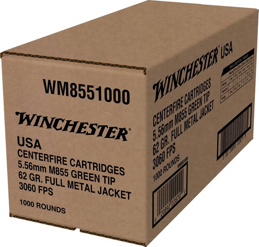 Winchester USA Lake City M855 Green Tip Rifle Ammunition 5.56X45 NATO 62 gr. FMJ 3060 fps 1000/ct (Bulk)
