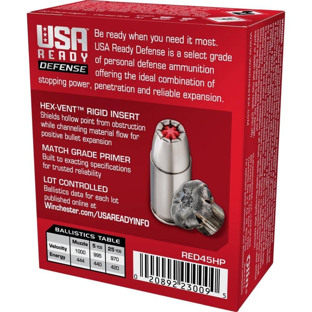 Winchester USA Ready Hex Vent Hollow Point Handgun Ammunition .45 ACP 200 gr PT 1000 fps 20/ct