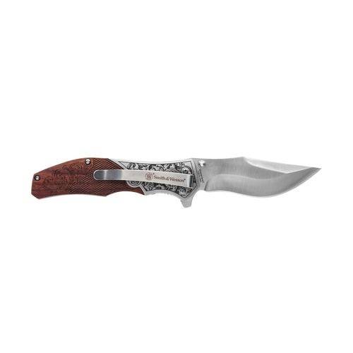 Smith & Wesson Unwavered Folding Knife 3-1/4" Clip Point Blade Engraved Wood