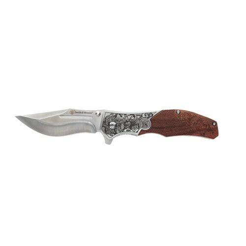 Smith & Wesson Unwavered Folding Knife 3-1/4" Clip Point Blade Engraved Wood - Image 2