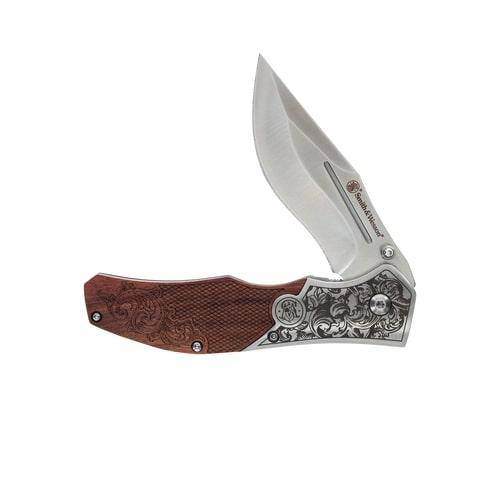 Smith & Wesson Unwavered Folding Knife 3-1/4" Clip Point Blade Engraved Wood - Image 3