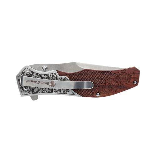 Smith & Wesson Unwavered Folding Knife 3-1/4" Clip Point Blade Engraved Wood - Image 4