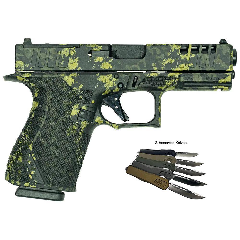 Great Lakes Striker Handgun Combo 9mm Luger 15rd Magazines (2) 4" Barrel Lichen Black OR with 3 OTF 3-1/2" Blade Knives