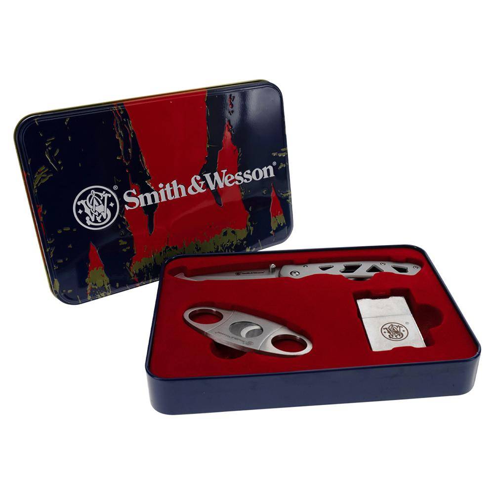 Smith & Wesson Folding Knife Cigar Cutter and Lighter Combo 3" Drop Point Blade Silver - Image 7