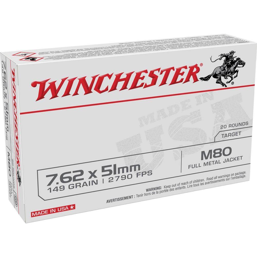 Winchester USA Lake City M80 Rifle Ammunition 7.62X51 NATO 149 gr. FMJ 2790 fps 500/ct