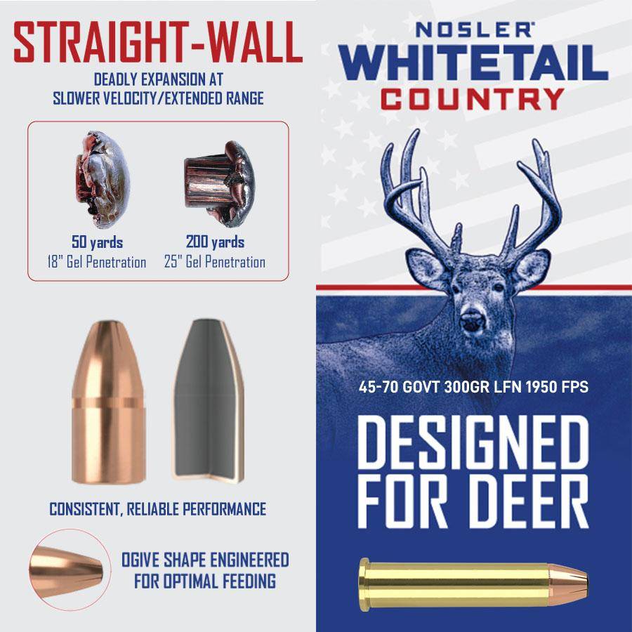 Nosler Whitetail Country Rifle Ammunition 45-70 Govt 300gr LFN 1950 fps 20/ct - Image 4