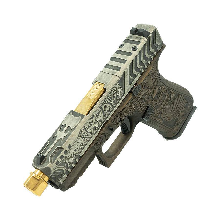 Glock 43X Custom "Viking" in Colonial Brown Handgun 9mm Luger 10rd Magazines (1) 3.9" Threaded Gold Barrel - Image 3