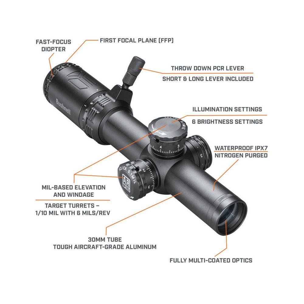 Bushnell AR Rifle Scope - 1-4x24mm Illuminated BTR-1 Reticle Black Matte - Image 5